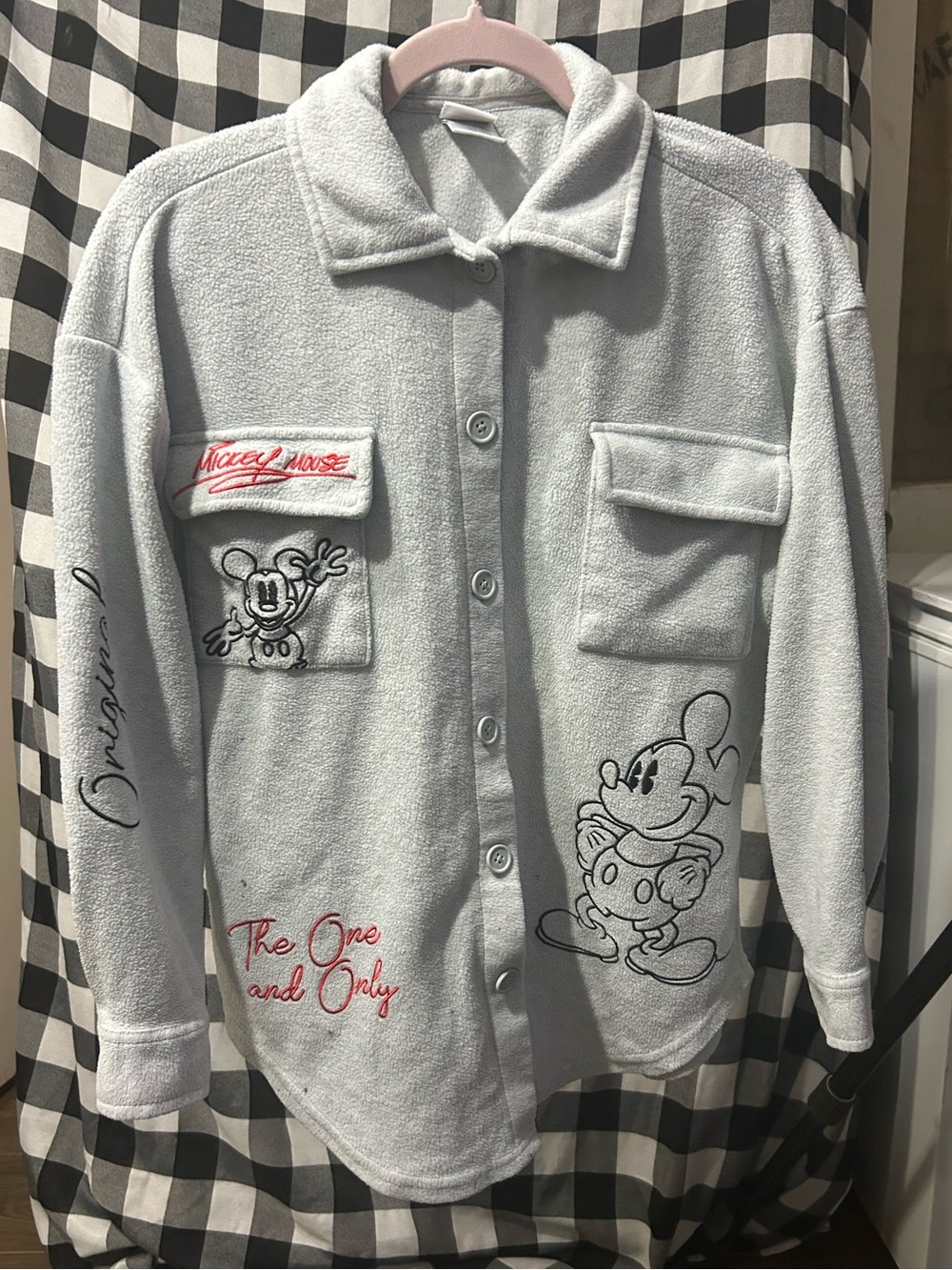 Disney Light Gray Mickey Mouse Embroidered Button Front Shirt